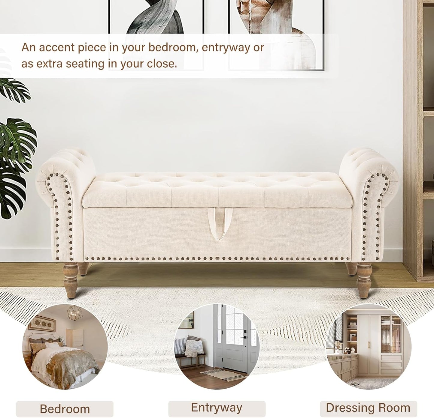 Furnimart Storage Bedroom Bench for End of Bed, Faux Linen Upholstered Storage Ottoman with Rolled