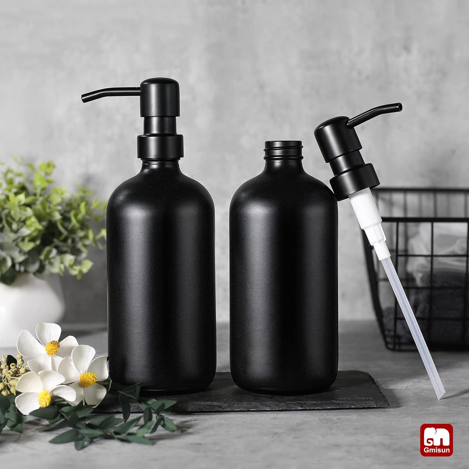 GMISUN Black Soap Dispenser, 2 Pack Matte Black Hand Soap Dispensers for Bathroom, 17 Fl Oz Glass