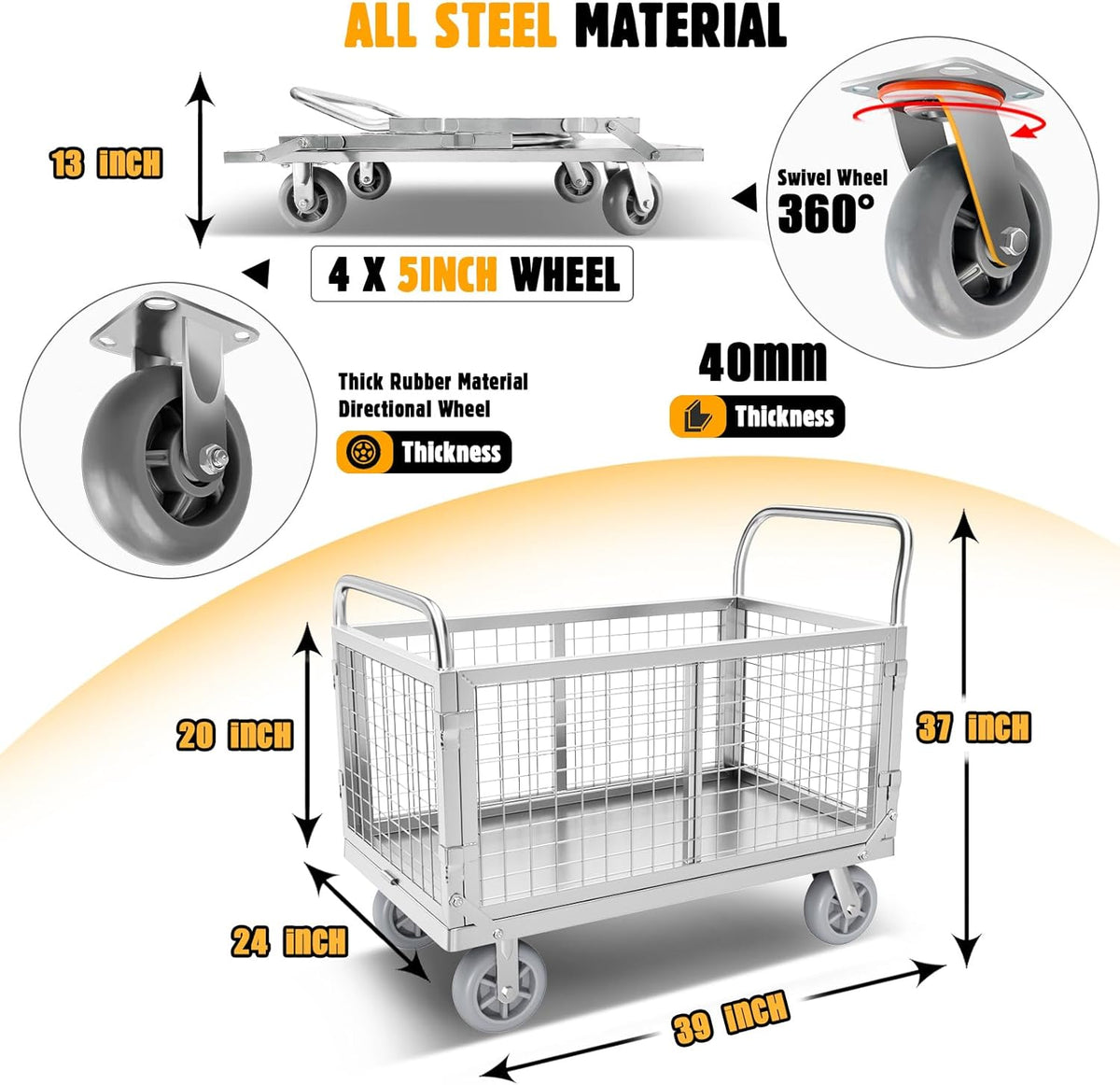 Platform Truck Cart with Cage, 6 in1 Foldable Flatbed Cart Heavy Duty Push Cart Dolly W/Swivel