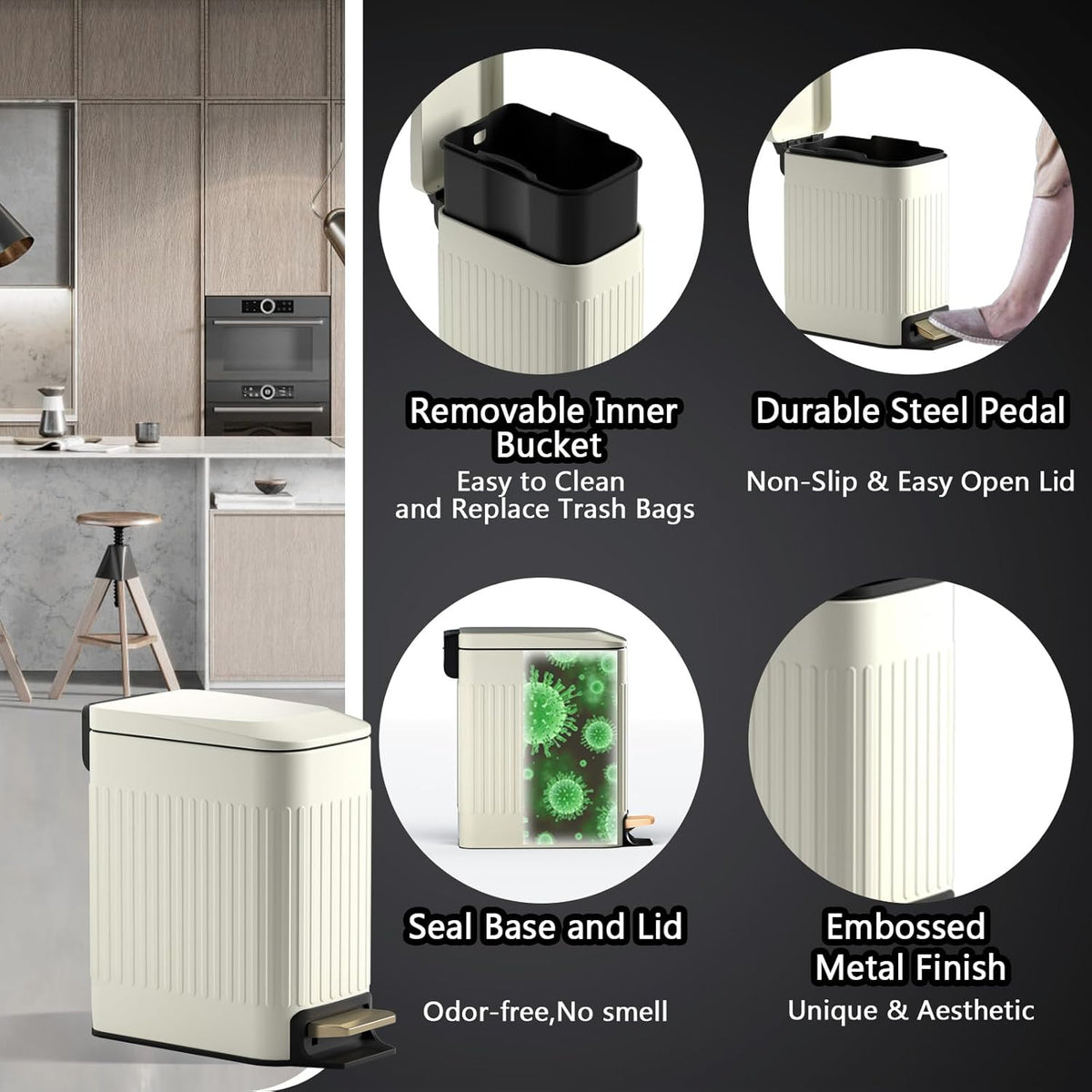 CEROELDA Small Bathroom Trash Can with Lid Soft Close-5L/1.3 Gal Slim Garbage Can-Metal Step
