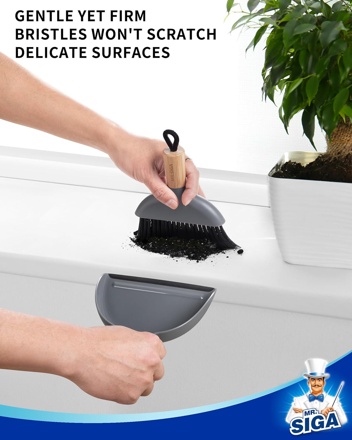 MR.SIGA Mini Dustpan and Brush Set, Portable Cleaning Brush and Dustpan Combo with Bamboo Handle