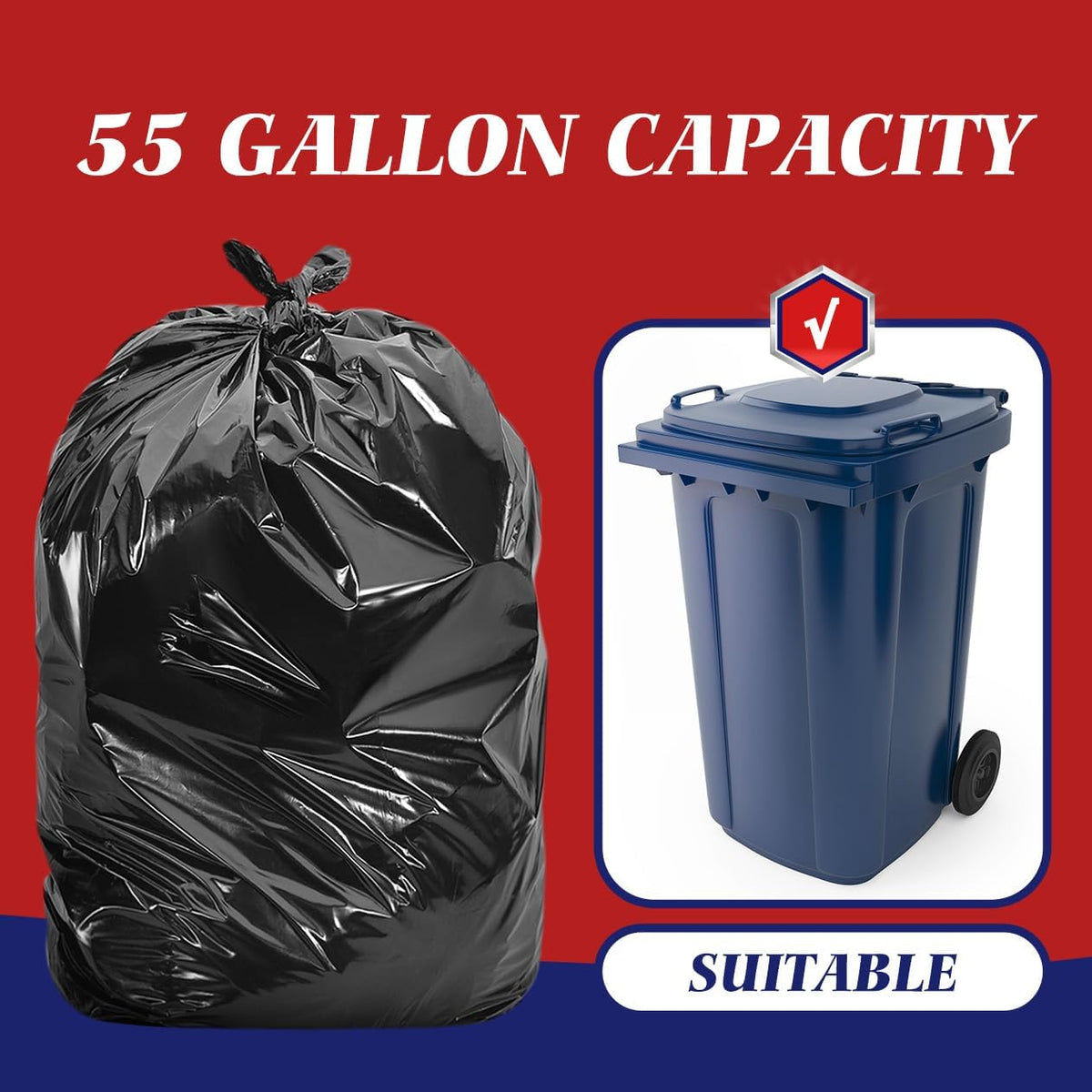 Teivio 55-60 Gallon Black Trash Bags | 170 Bags Extra Large Multi-Use Heavy Duty Commercial Garbage