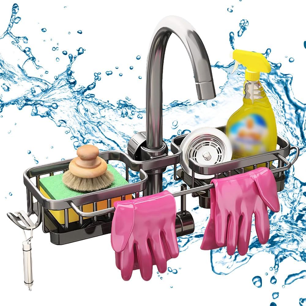 Sink Organizer Rack for Kitchen and Bathroom, 2024 New Kitchen Sink Faucet Organizer with Drip Tray