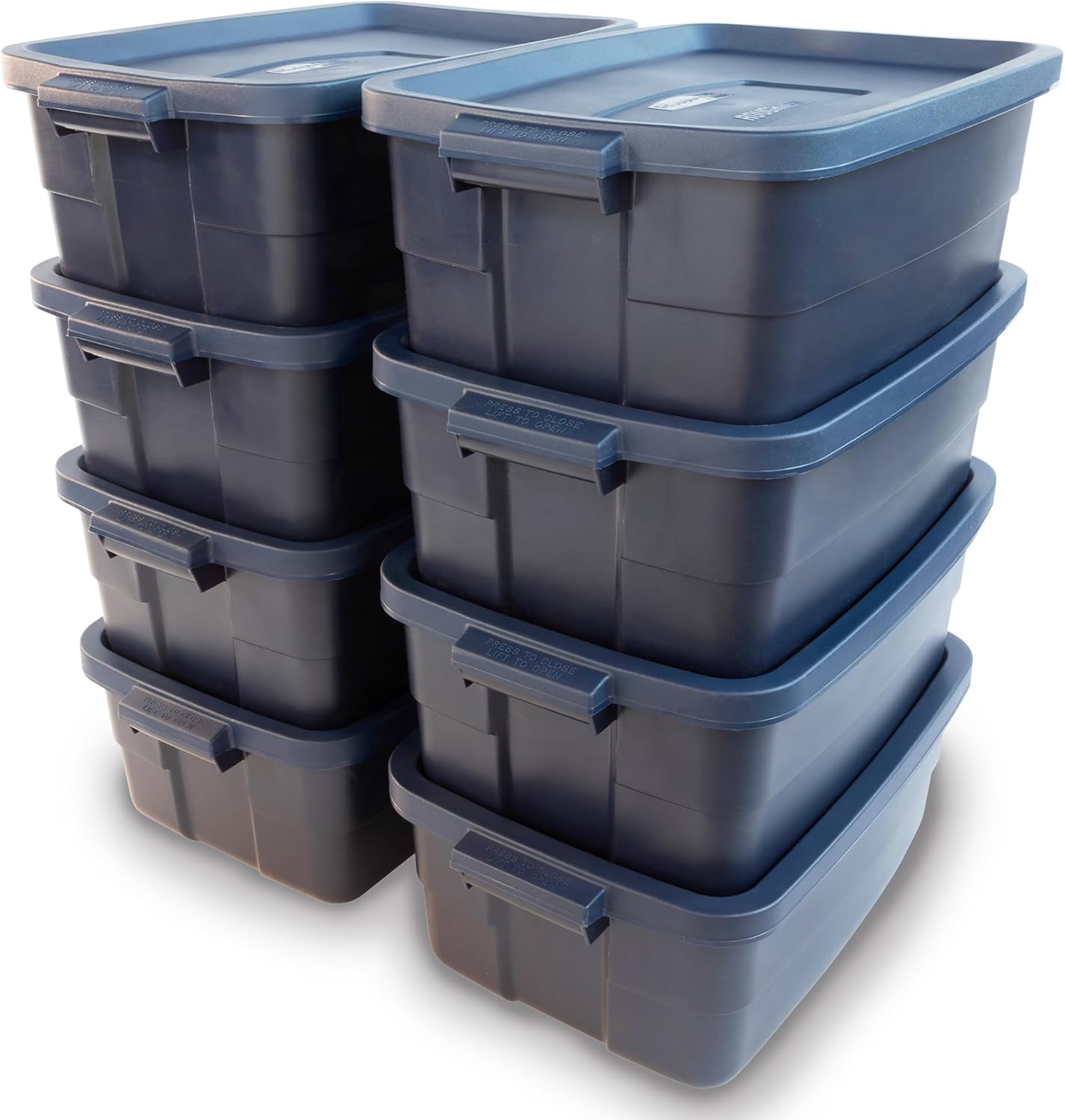 Rubbermaid Roughneck Tote 10 Gal, 8 Pack, Made in USA, Dark Indigo Metallic, Rugged Plastic
