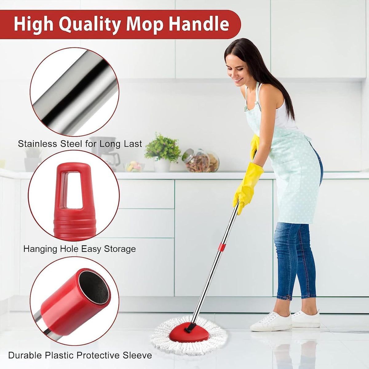2 Spin Mop Head Replacement, 1 Base, 1 Mop Handle (30-58in) Combo Mops Set Compatible with OCedar