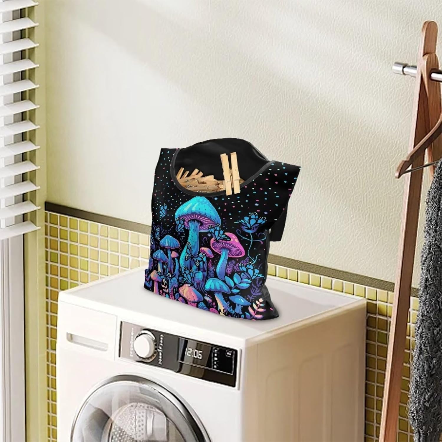 Blue Mushroom Adjustable Door-Hanging Laundry Clothespin Bag Clothespin Storage Bag Laundry
