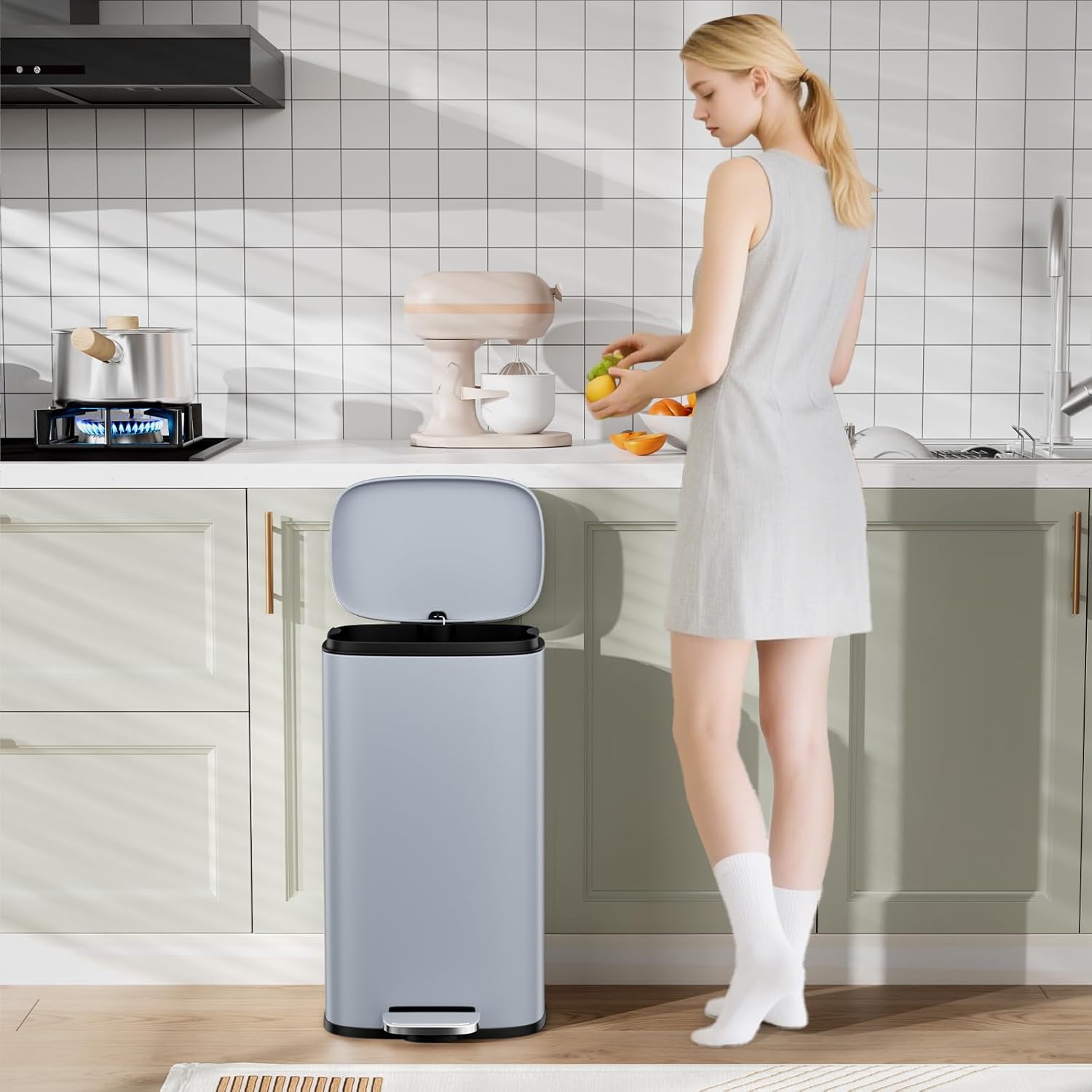 Arlopu 8/13.2 Gallon Step Trash Can, Stainless Steel Garbage Bin, Soft-Close Rubbish Bin with