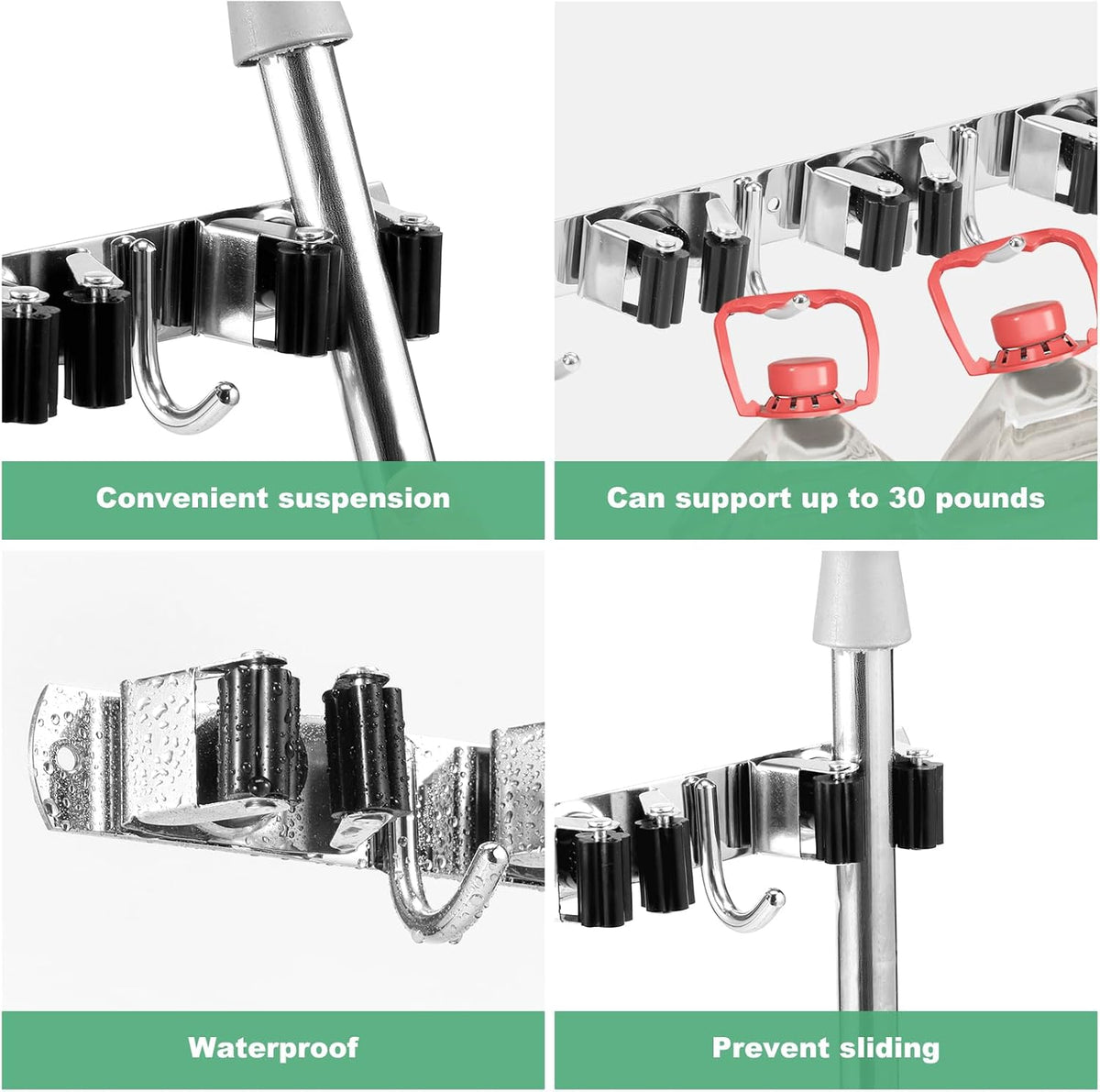 5Pcs 5 Racks 4 Hooks Stainless Steel Broom Mop Holder Anti Slip Wall Mount Broom Storage Rack