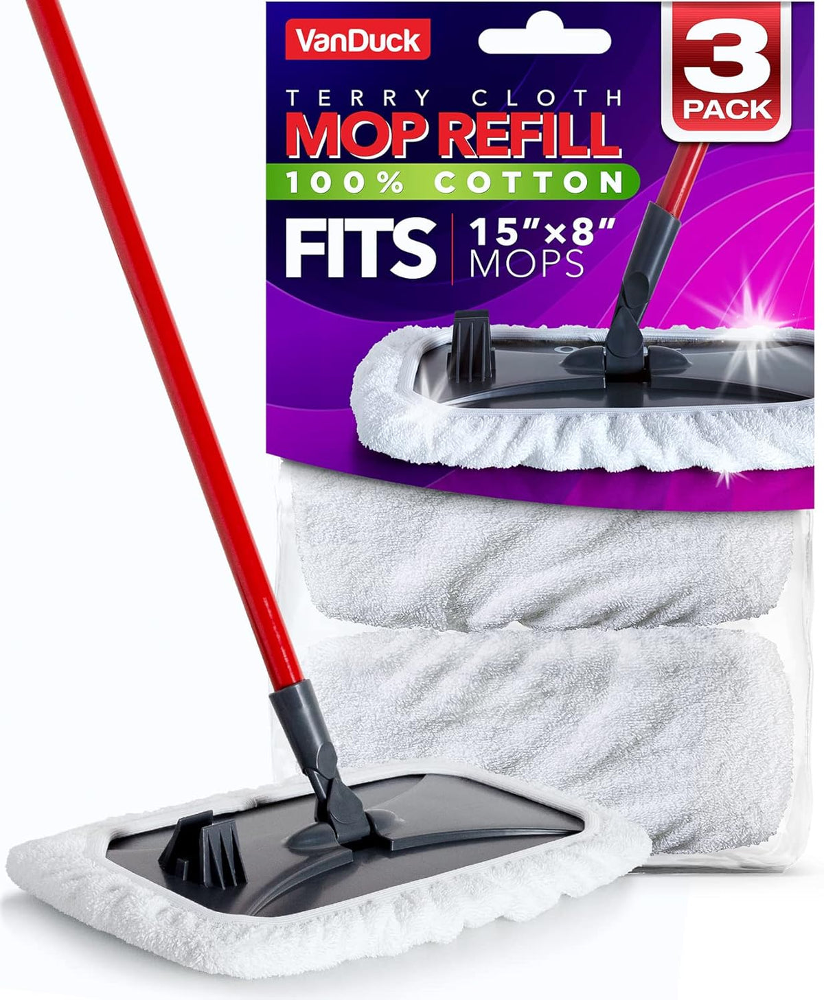 VanDuck 100% Cotton Terry Mop Pads 15x8 Inches 3-Pack, Terry Cloth Mop Covers (Handle is Not