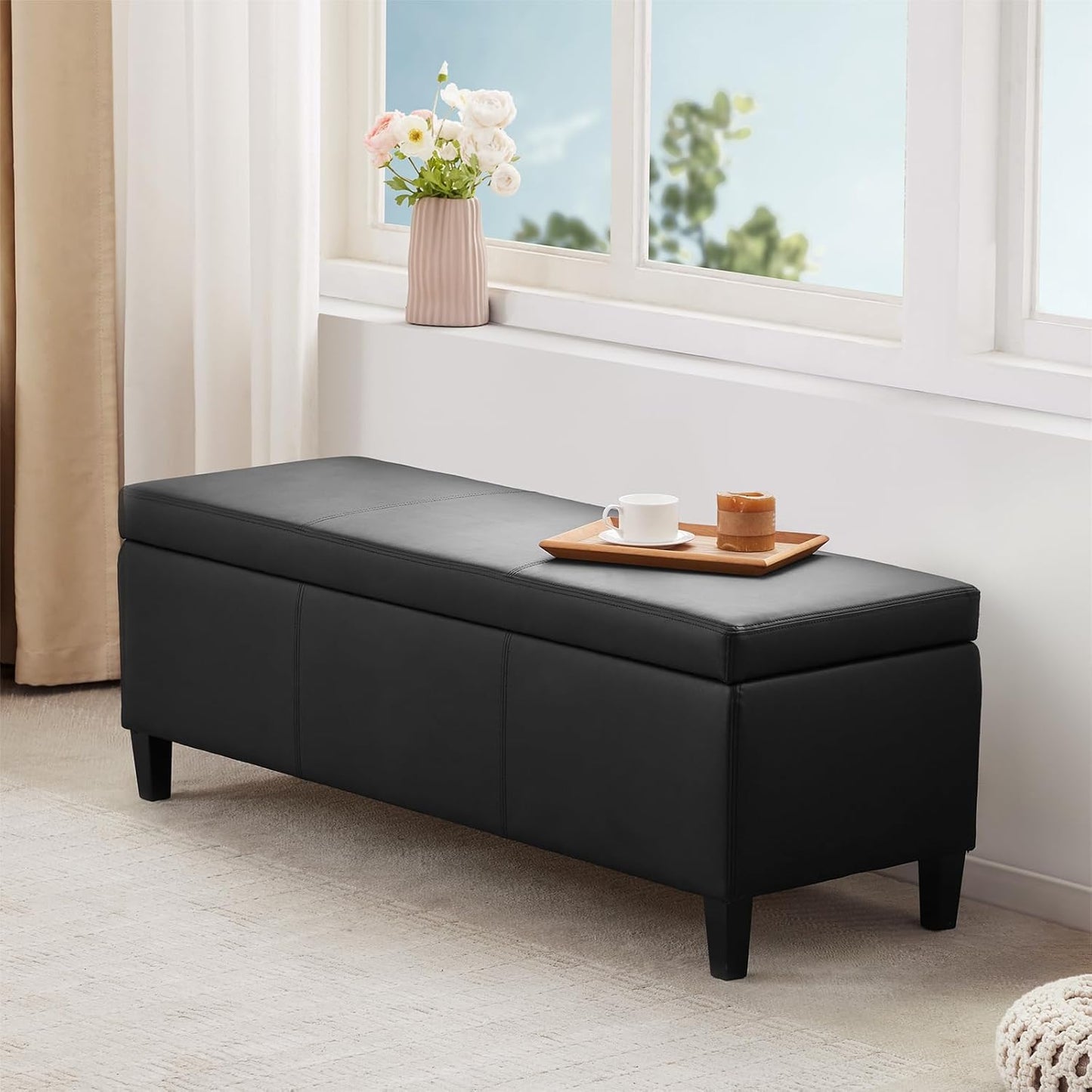 HUIMO Faux Leather Storage Ottoman Bench 50.3 Inch Extra Long PU Upholstered Bedroom Bench with