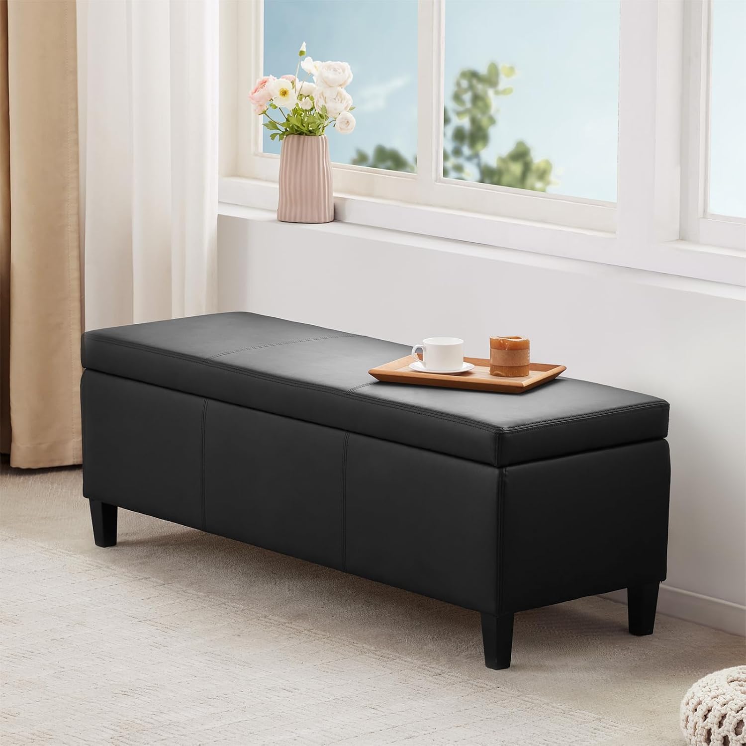 HUIMO Faux Leather Storage Ottoman Bench 50.3 Inch Extra Long PU Upholstered Bedroom Bench with
