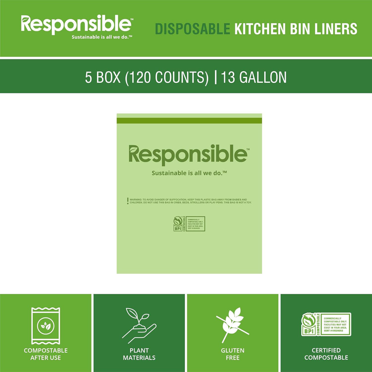 Responsible Products Kitchen Bin Liners, Certified Compostable, Heavy Duty Multipurpose Food Scrap