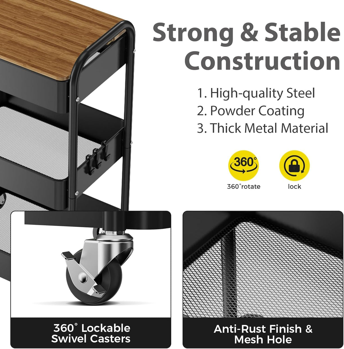 3 Tier Rolling Cart with Table top, Metal Utility Cart, Sturdy Storage Organizer Cart with Locking