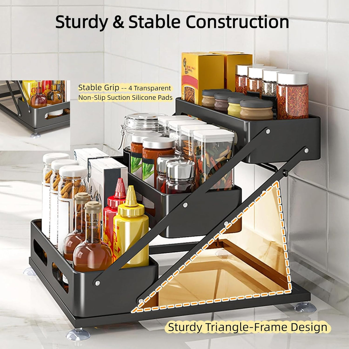 Bokelai Spice Rack 3 Tier Foldable Seasoning Organizer Jars Storage Holder Step Shelf for Cabinet
