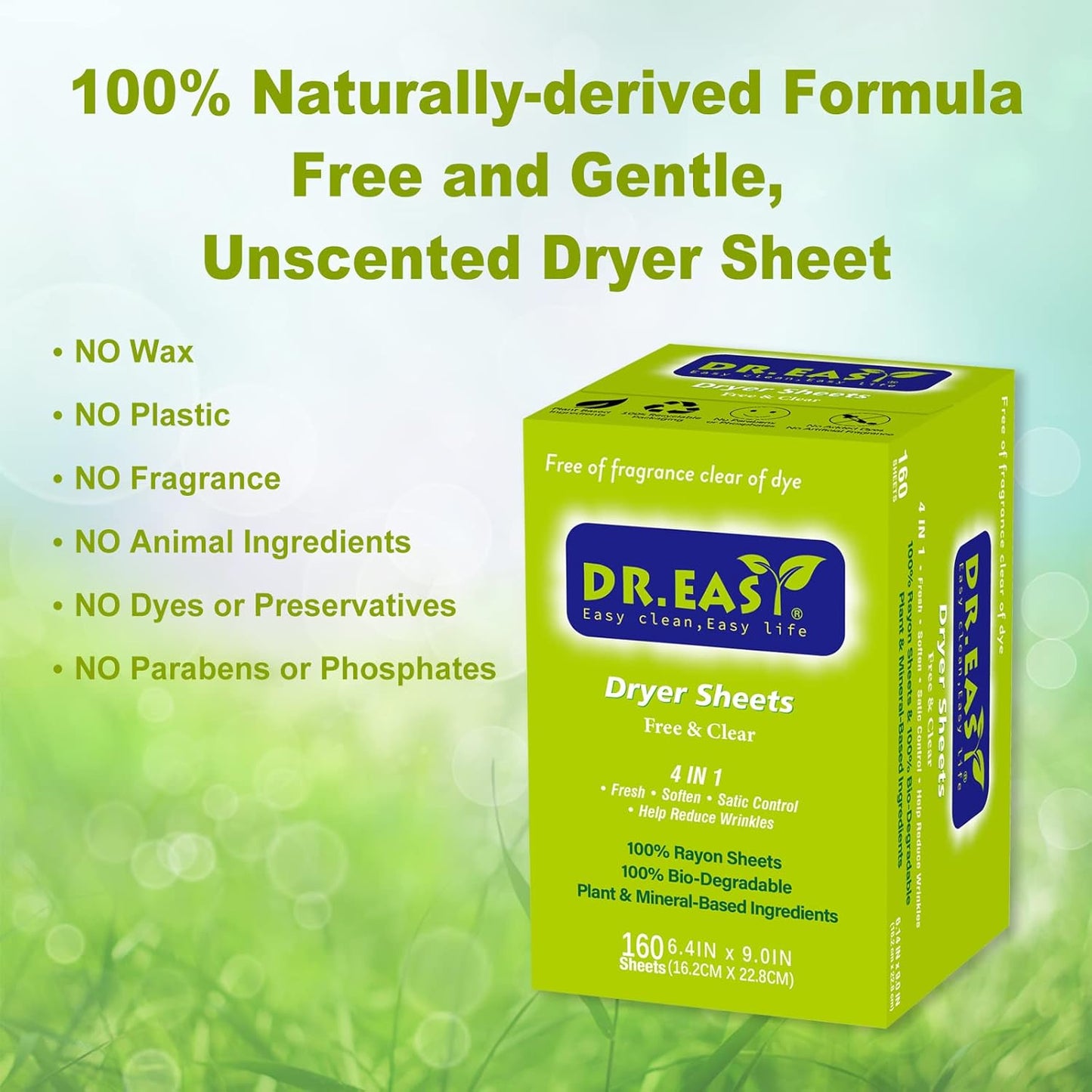 Dr.Easy Dryer Sheets Free & Clear Plant Based all ingredients for Sensitive Skin 160 Ct 100% Rayon