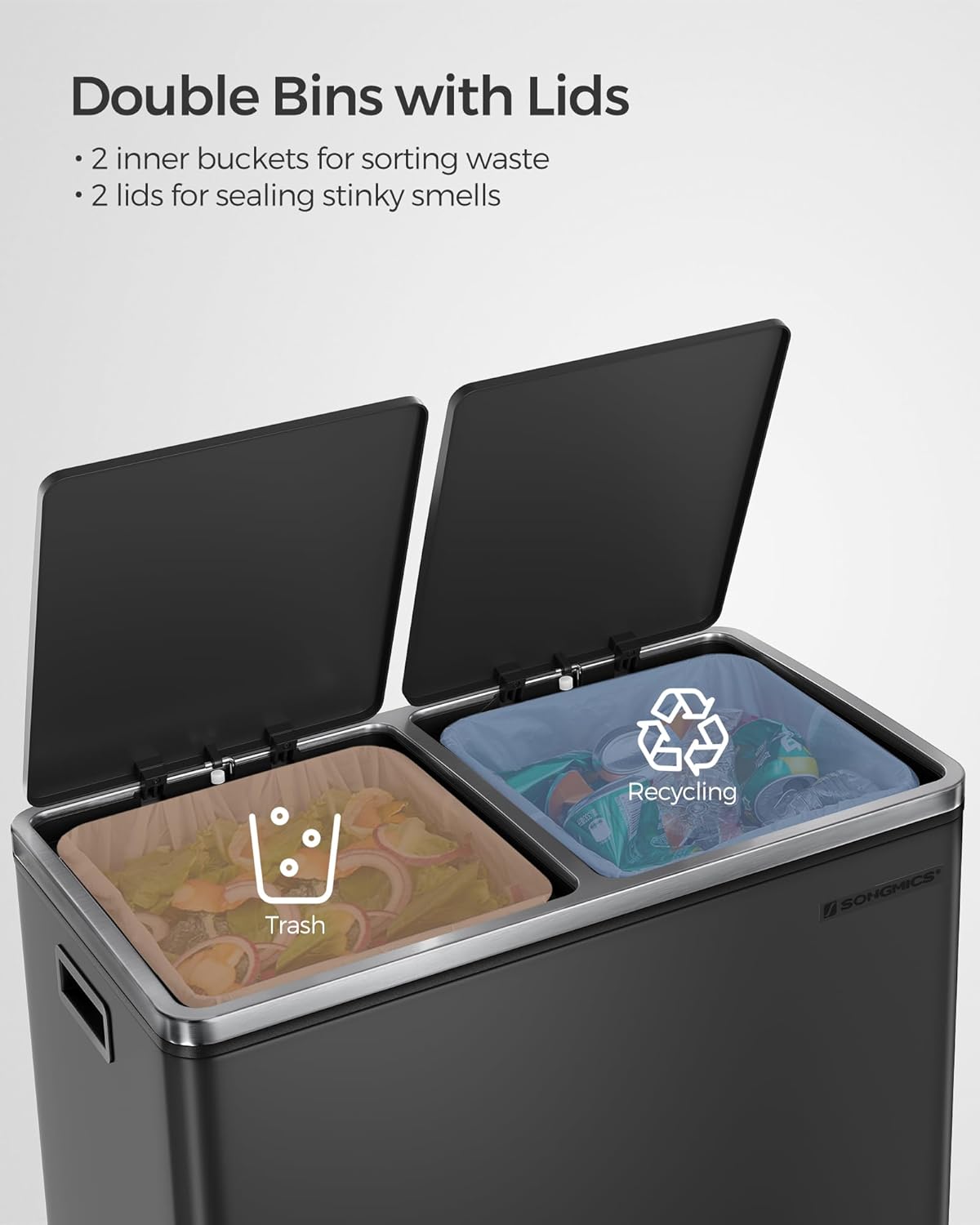 SONGMICS Trash Can, 2 x 8 Gallon (2 x 30 L) Garbage Can for Kitchen, with 15 Trash Bags, 2