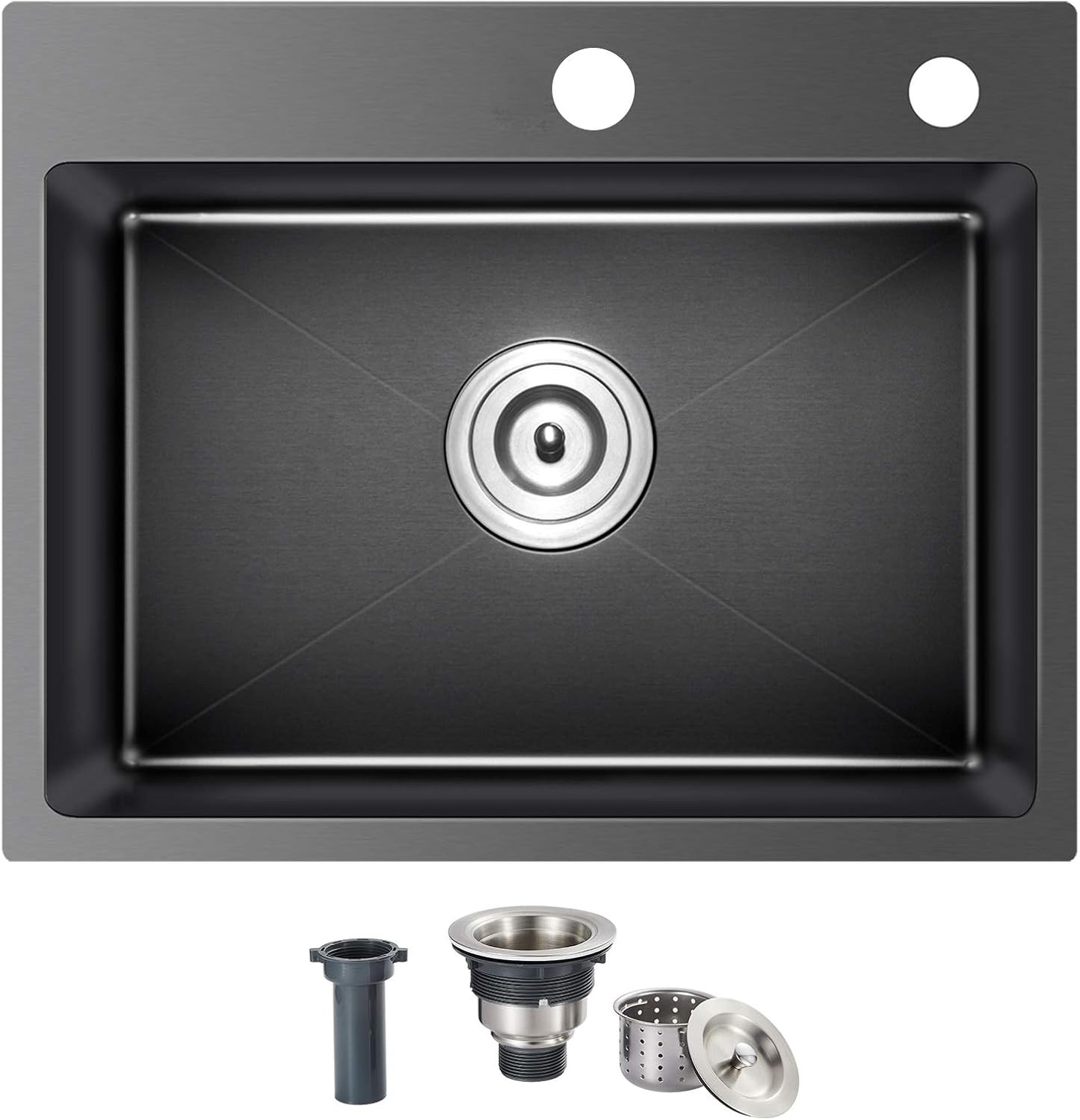 24x18x9 Inch Kitchen Sink, Handmade 304 Black Stainless Steel Single Bowl, 2-Hole Drop In