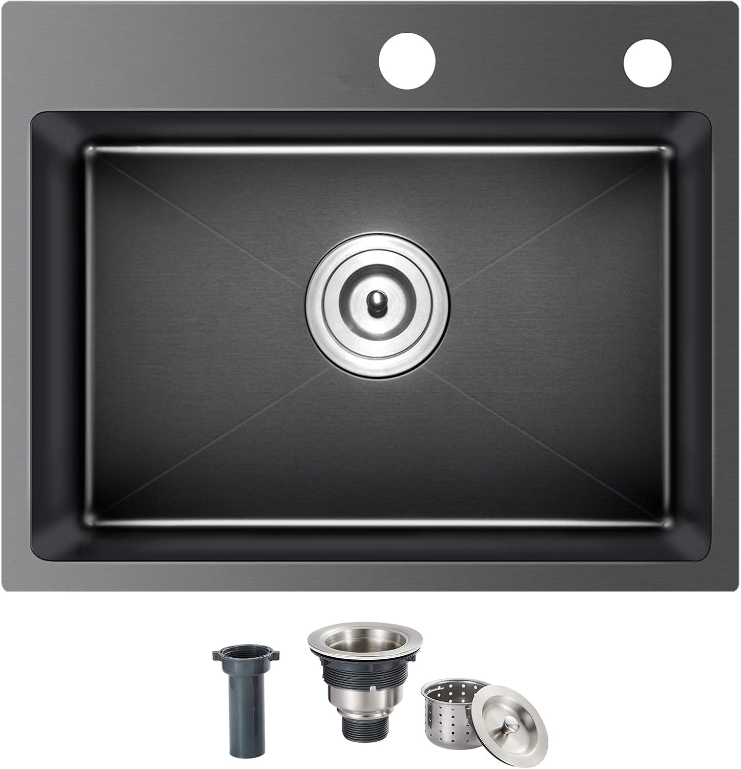 24x18x9 Inch Kitchen Sink, Handmade 304 Black Stainless Steel Single Bowl, 2-Hole Drop In