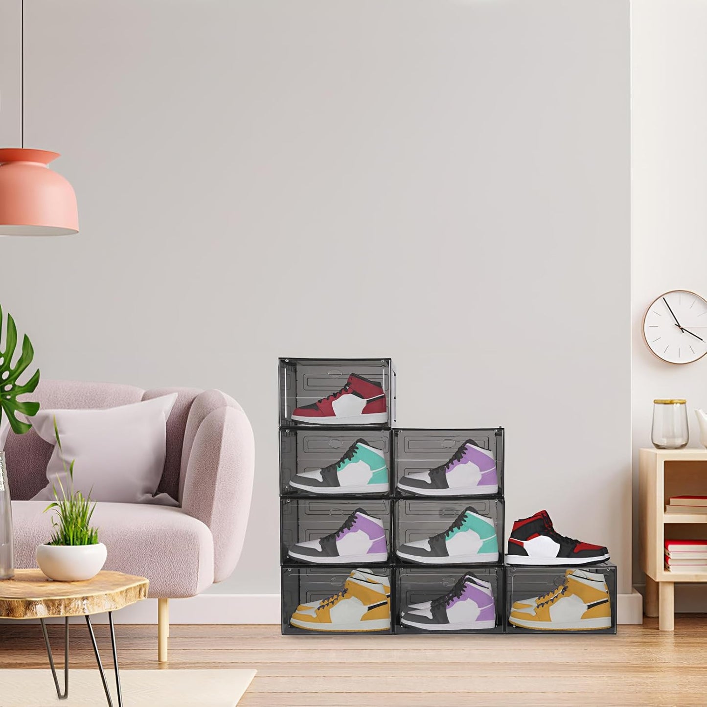 Large Shoe Boxes Clear Plastic Stackable, 8 Pack Drop Side Shoe Storage Boxes with Magnetic Door