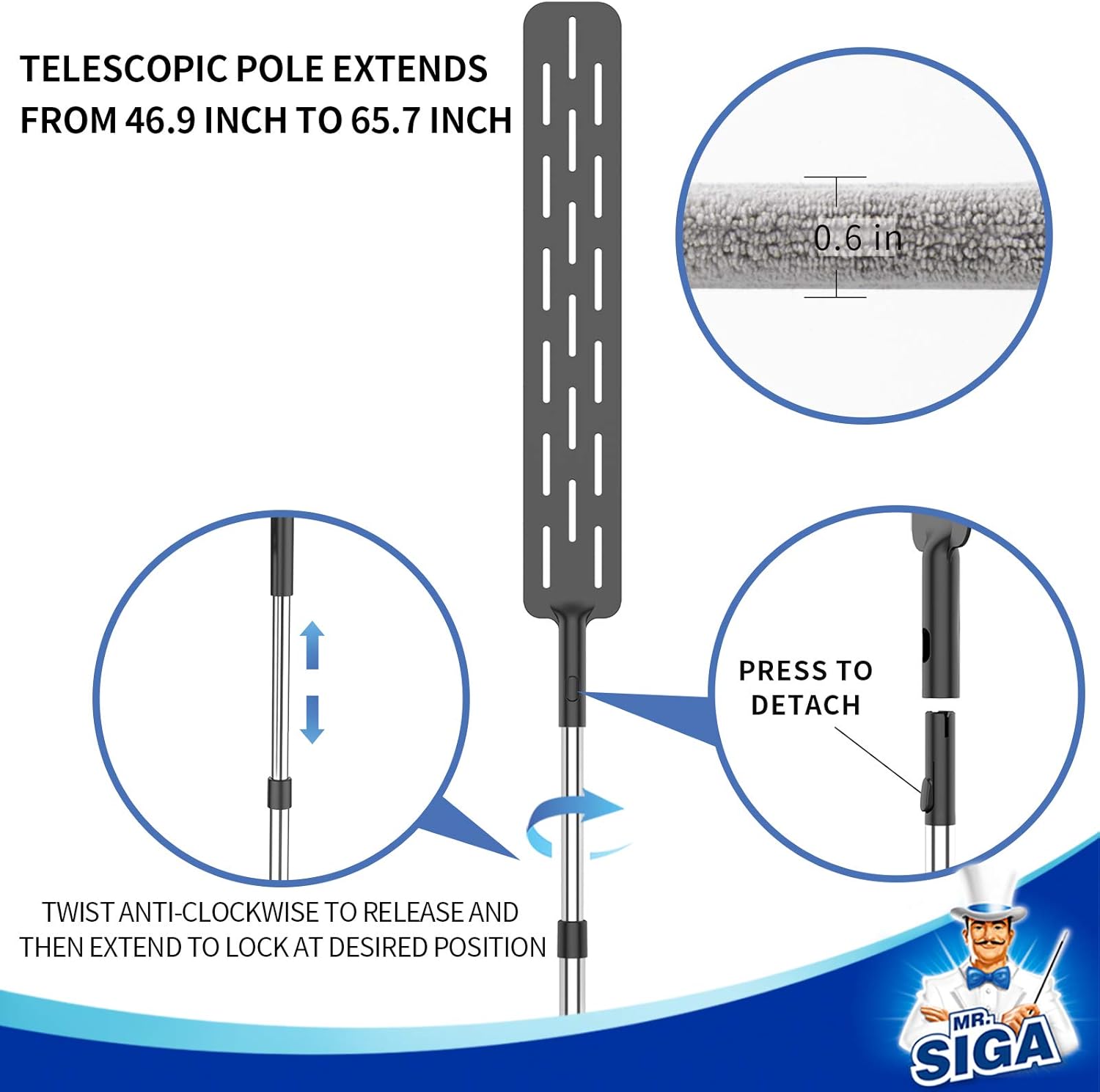 MR.SIGA Flexible Microfiber Long Duster for Gap Cleaning, Stainless Steel Adjustable Handle