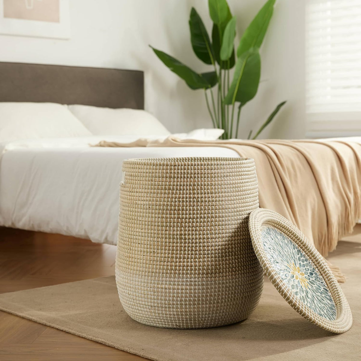Round Seagrass Laundry Hamper with Lid, 2-Piece Set - Eco-Friendly Storage Basket for Clothes