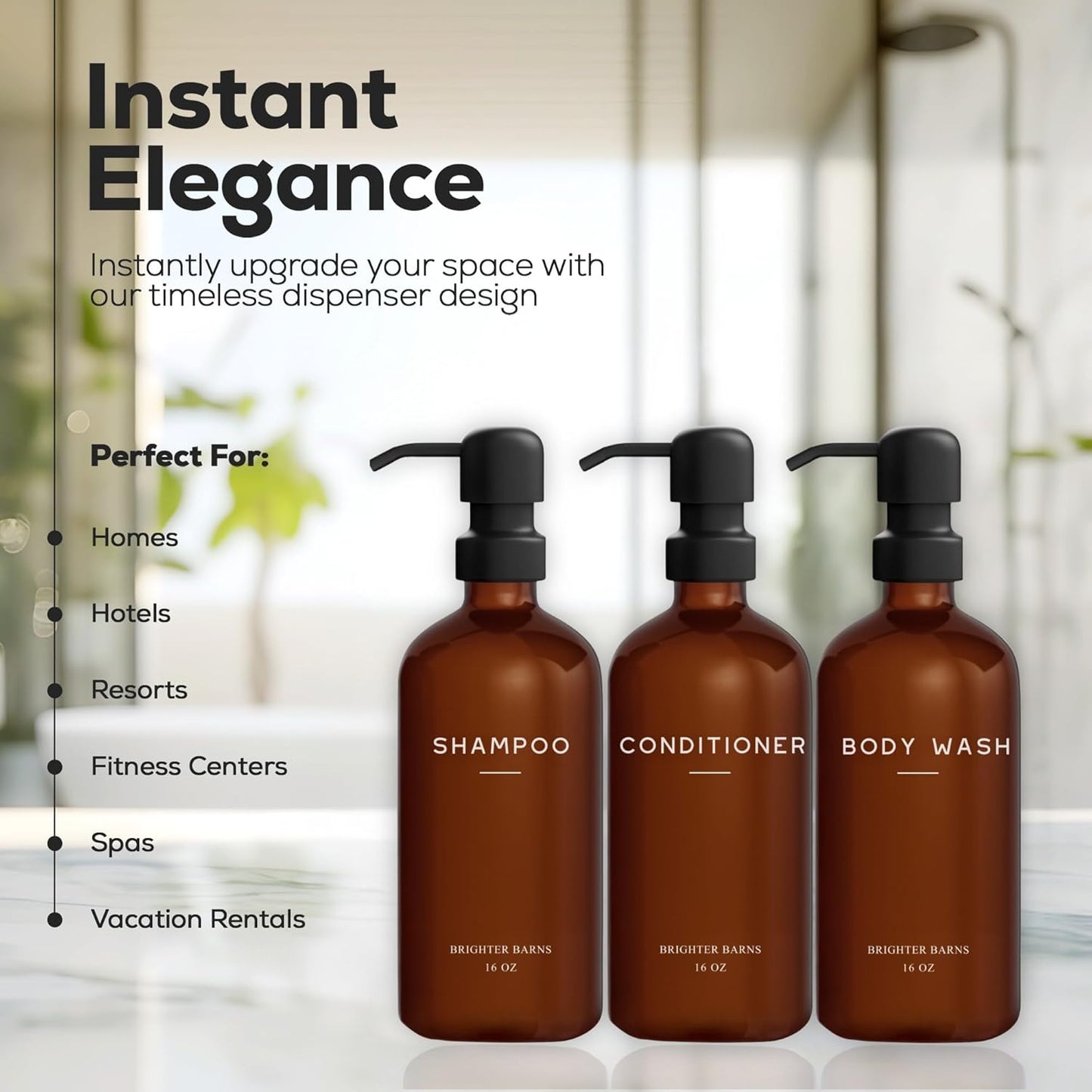 Amber Shampoo and Conditioner Dispenser Set by Brighter Barns - Body Wash and Shampoo Bottles with