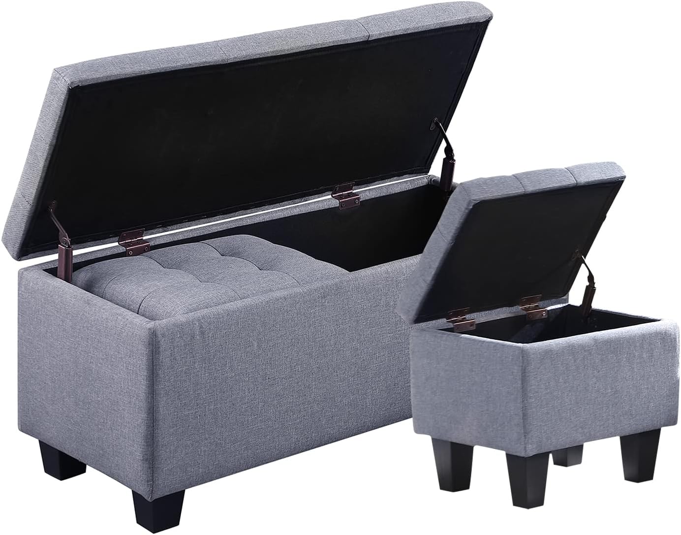 Hinged Storage Ottoman Set of 3, 38'' Living Room Storage Bench with Thick Seating, 2pcs Small