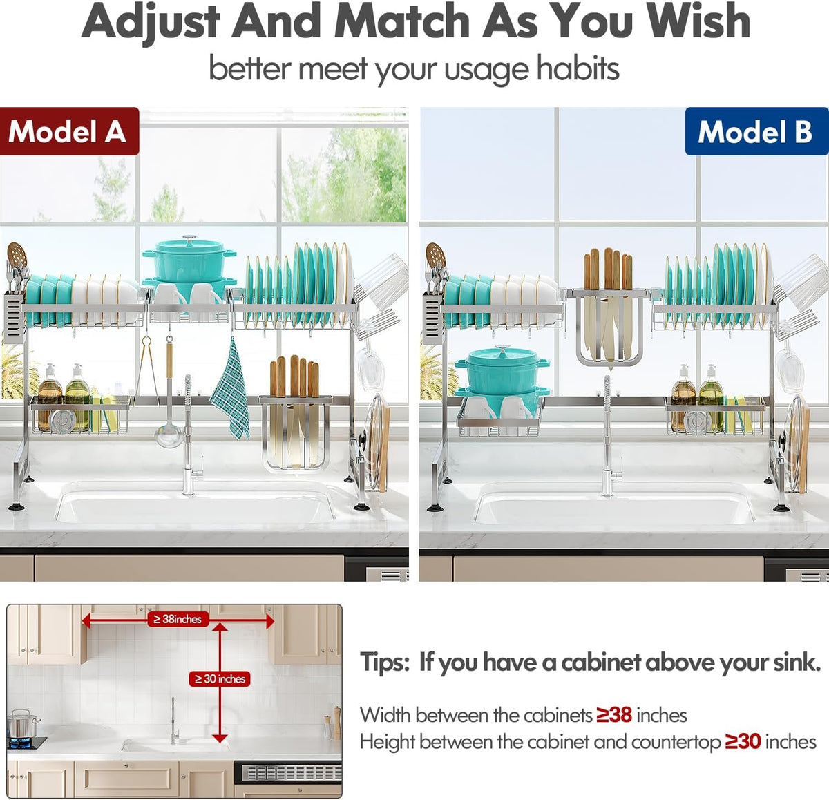 MAJALiS Over Sink Dish Drainer Drying Rack, 2 Tier Stainless Steel Dish Rack Over Sink Sink Length