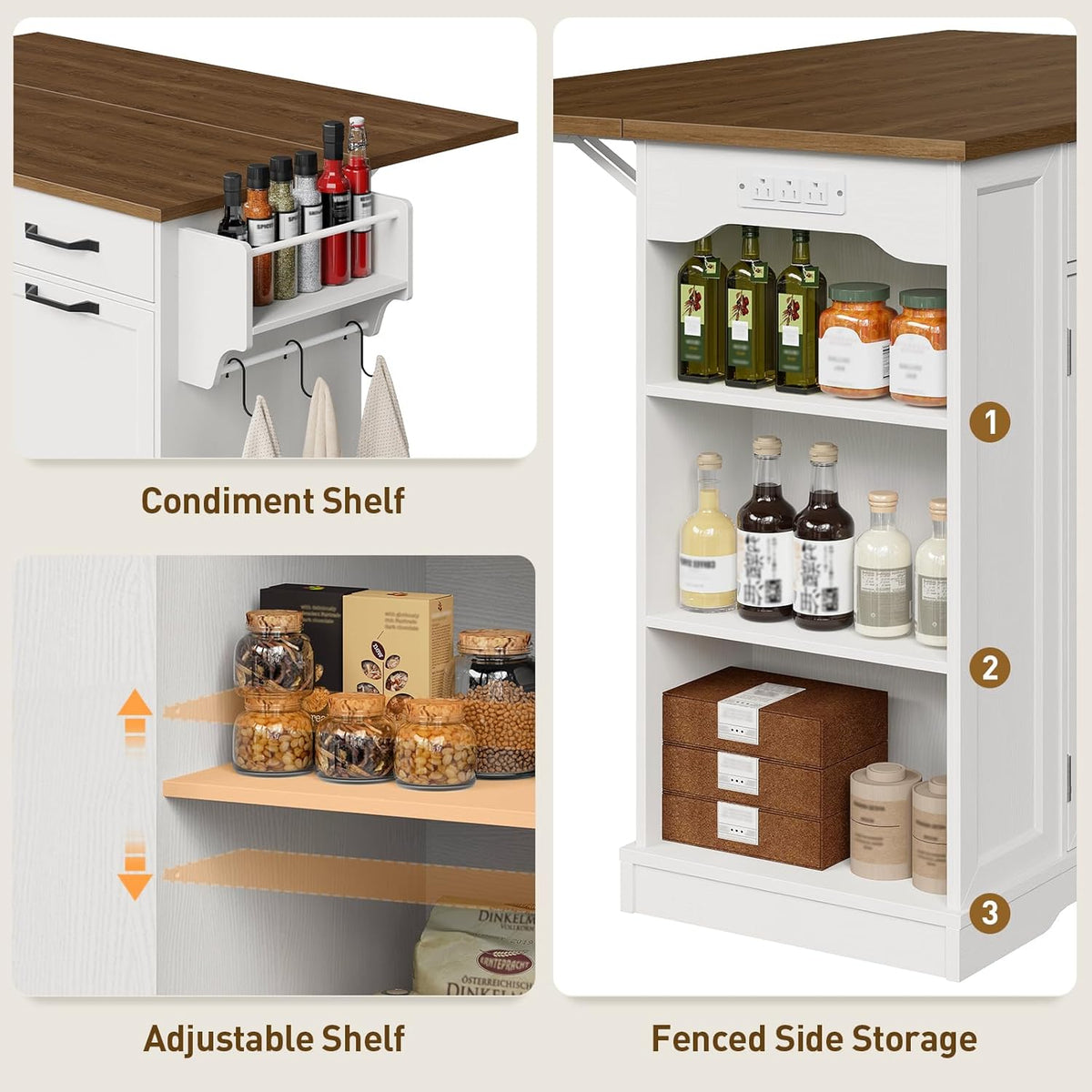 Kitchen Island with Power Outlet & Drop Leaf, Rolling Storage Cart with Trash Storage