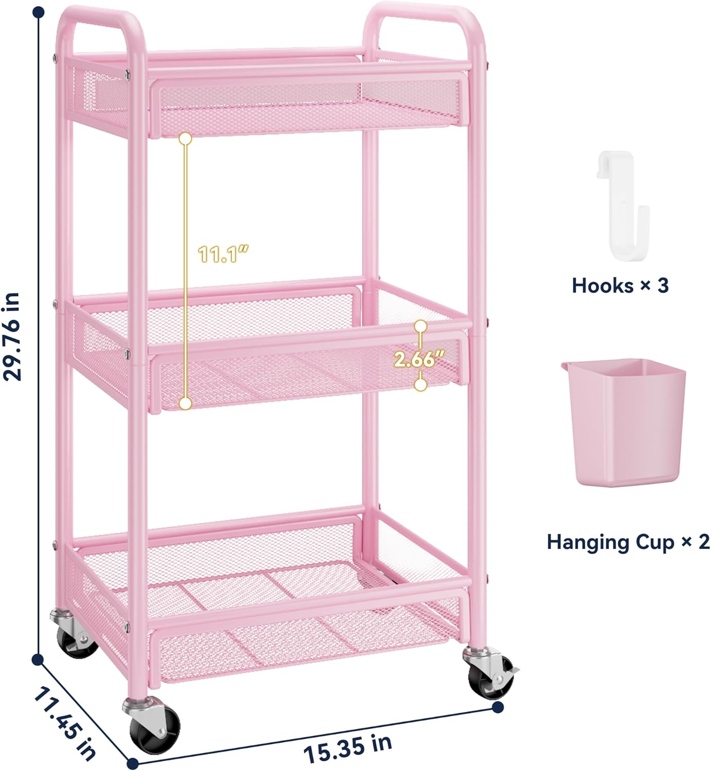 YASONIC 3 Tier Rolling Cart – Metal Utility Storage Cart with Wheels, Craft Cart Organizer with