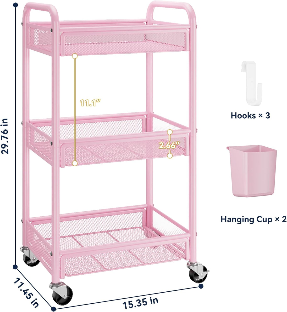YASONIC 3 Tier Rolling Cart – Metal Utility Storage Cart with Wheels, Craft Cart Organizer with