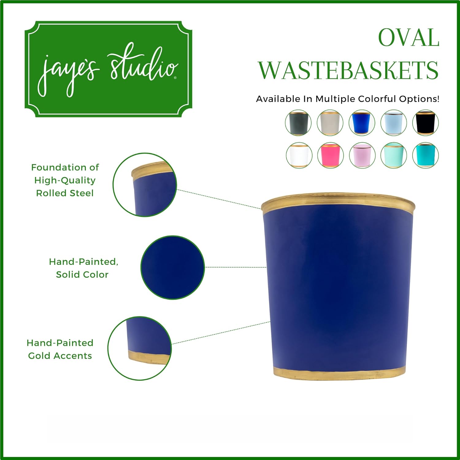 Jaye's Studio Decorative Waste Basket for Bathroom Trash Can Wastebasket, Oval Metal Trash Bin for