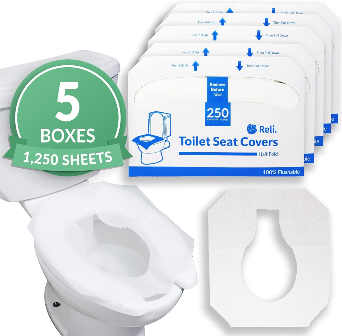 Reli. Toilet Seat Covers (1250 Pcs, 5 Packs of 250) | Disposable Toilet Seat Cover - Flushable