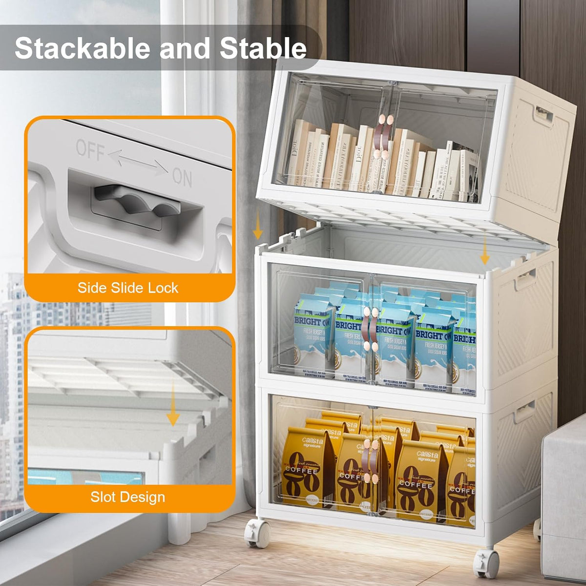 Extra Large Stackable Storage Bins with Lids & Wheels & Door, 336QT-112QT/28GAL*3Pack Foldable