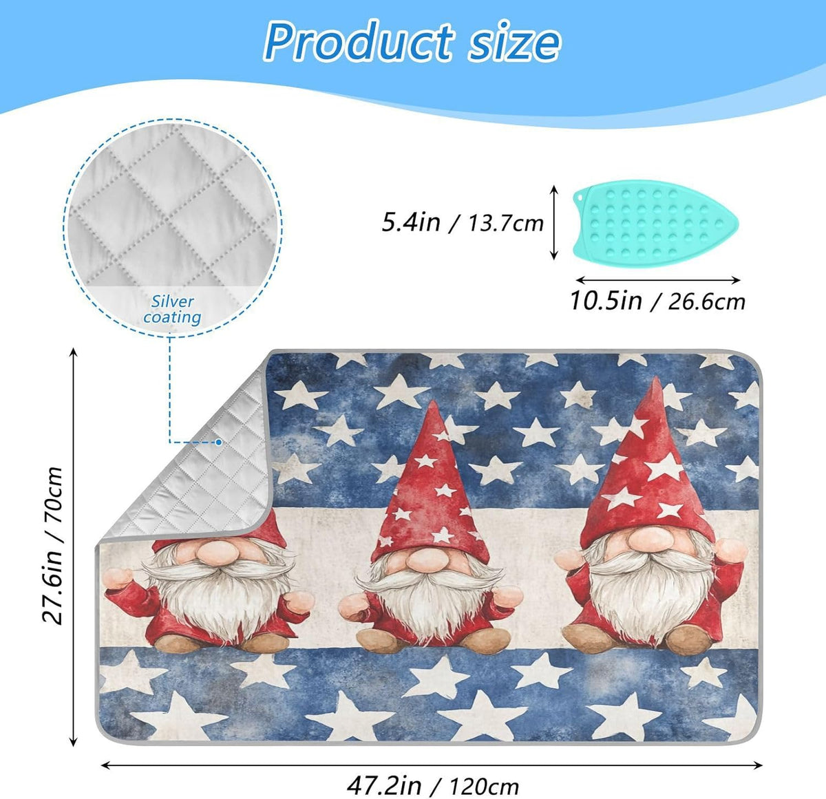 Three July 4th Gnomes Stars Ironing Mat for Table top Portable Ironing Pad Blanket for Washer Dryer