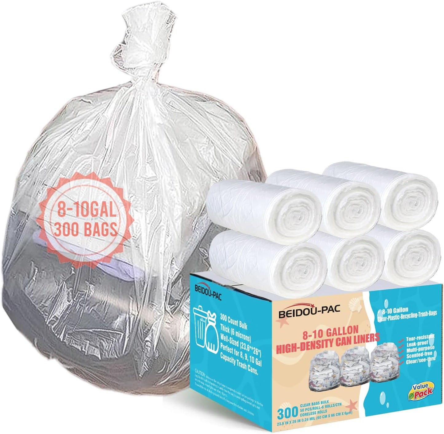 Trash Bags 8-10 Gallon, 300 Count Bulk, Clear Plastic Recycling Bags, Multi-purpose Garbage Bags