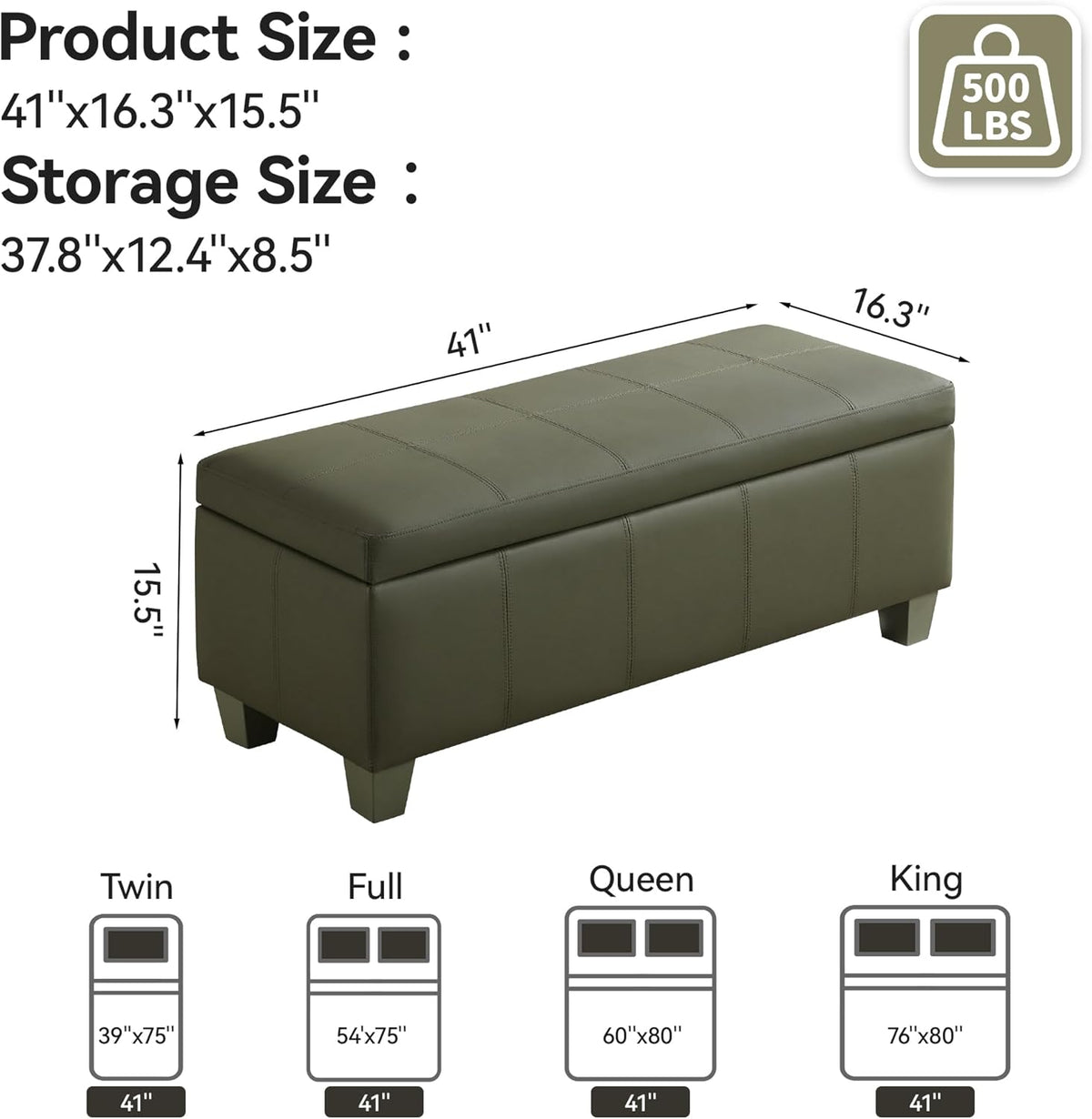 41" Faux Leather Storage Ottoman, Stitch Tufted Rectangle Upholstered End of Bed Storage Bench