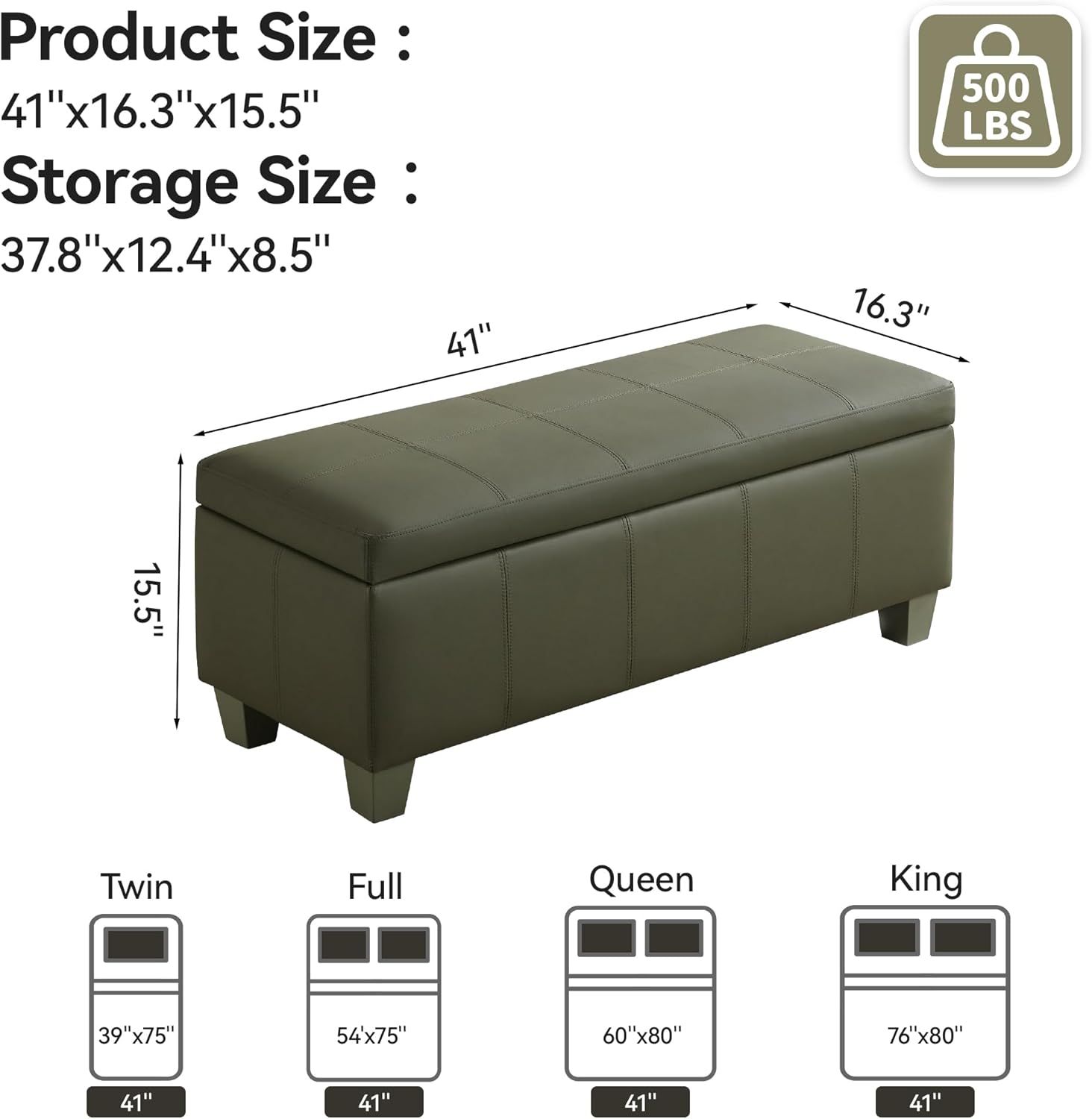 41" Faux Leather Storage Ottoman, Stitch Tufted Rectangle Upholstered End of Bed Storage Bench