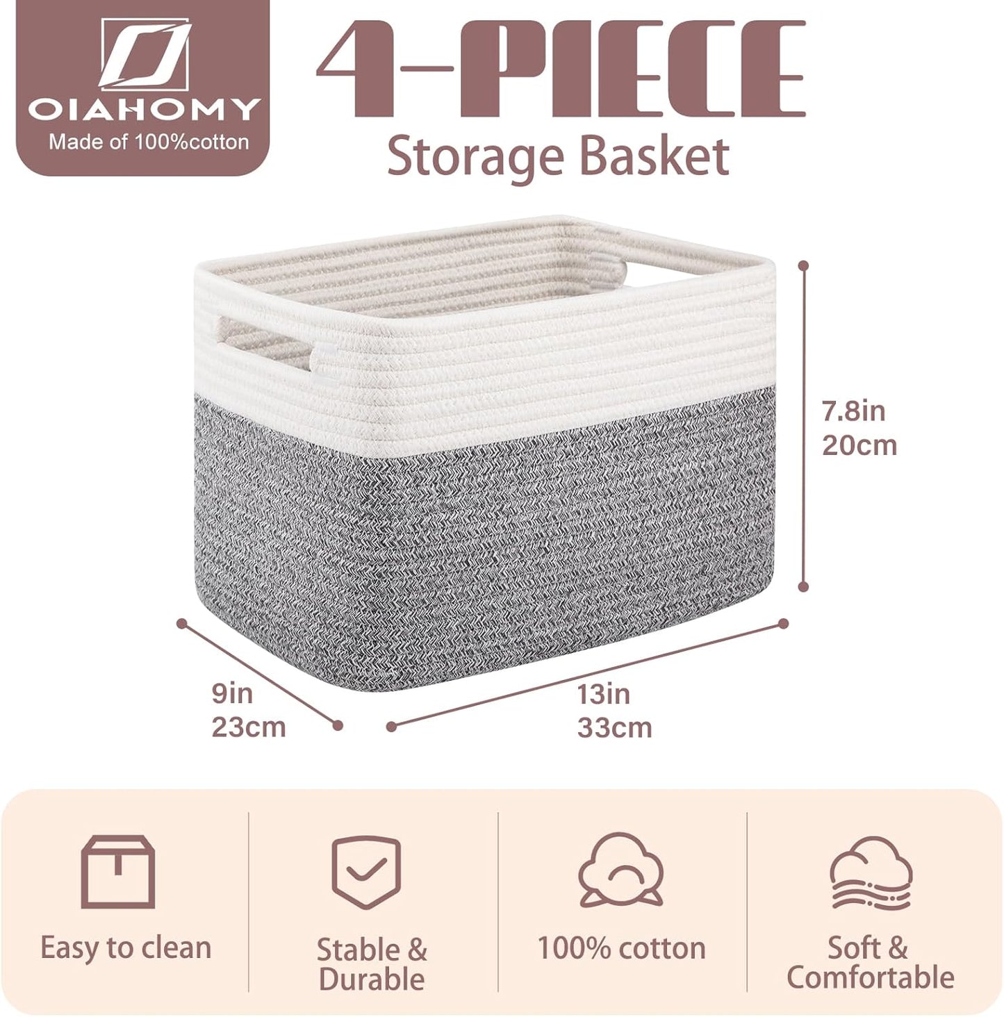 OIAHOMY 4 Pack Storage Baskets for Organizing, Basket for Shelves with Handle, Woven Baskets for