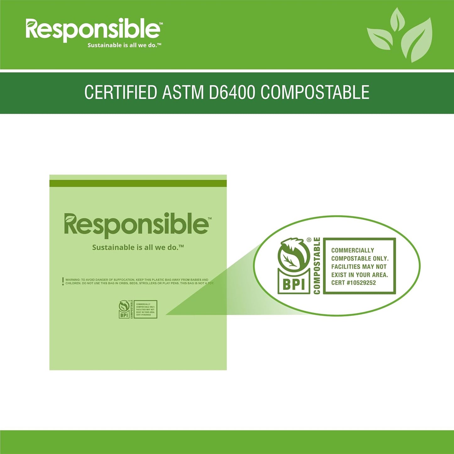Responsible Products Kitchen Bin Liners, Certified Compostable, Heavy Duty Multipurpose Food Scrap