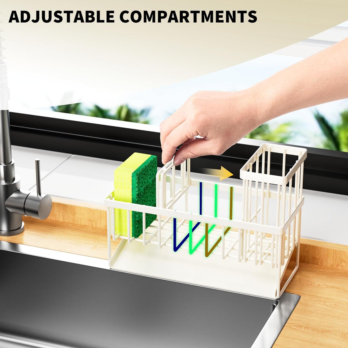 Cisily Off White Sponge Holder for Kitchen Sink, Sink Caddy Organizer with High Brush Holder