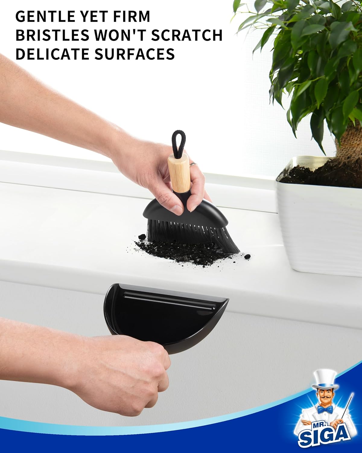 MR.SIGA Mini Dustpan and Brush Set, Portable Cleaning Brush and Dustpan Combo with Bamboo Handle