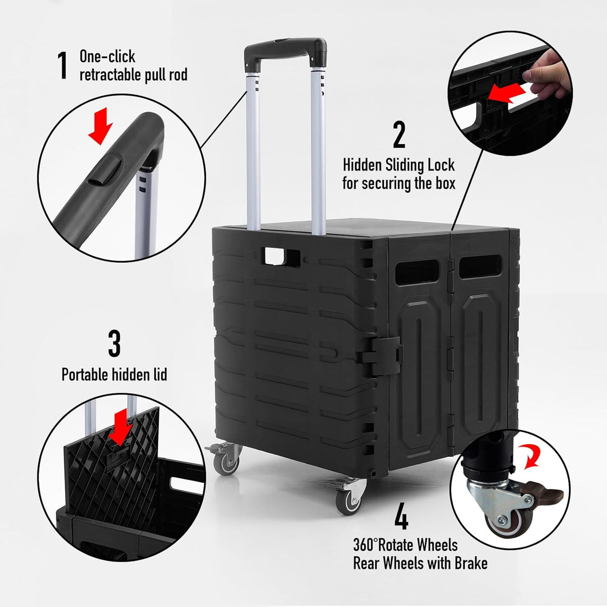 Folding Utility Cart Black Portable Rolling Crate Handcart Foldable Shopping Trolley Collapsible