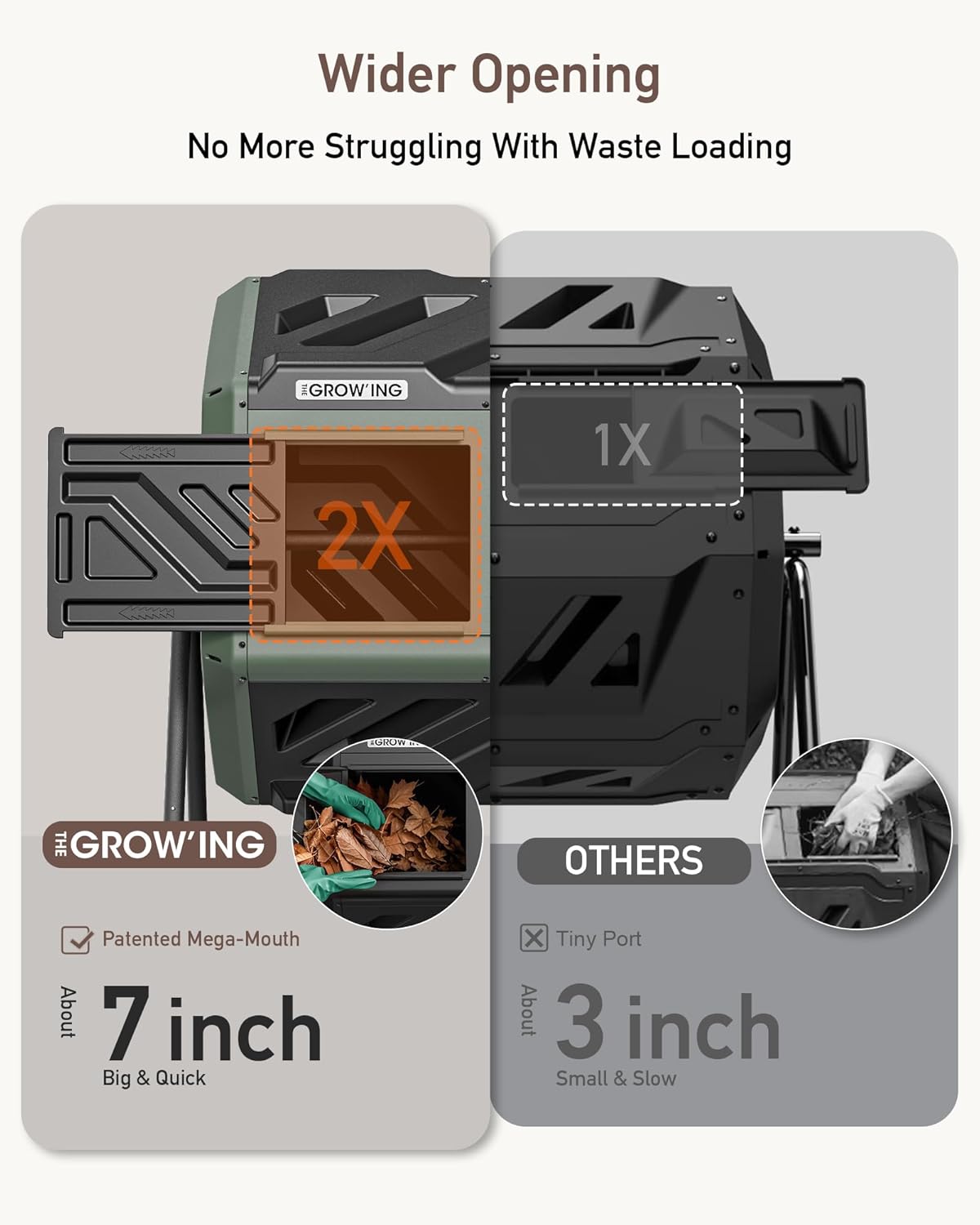 THEGROW'ING Updated 43 Gallon Compost Bin Outdoor, Fast Assemble Tumbling Composter, Dual Chamber