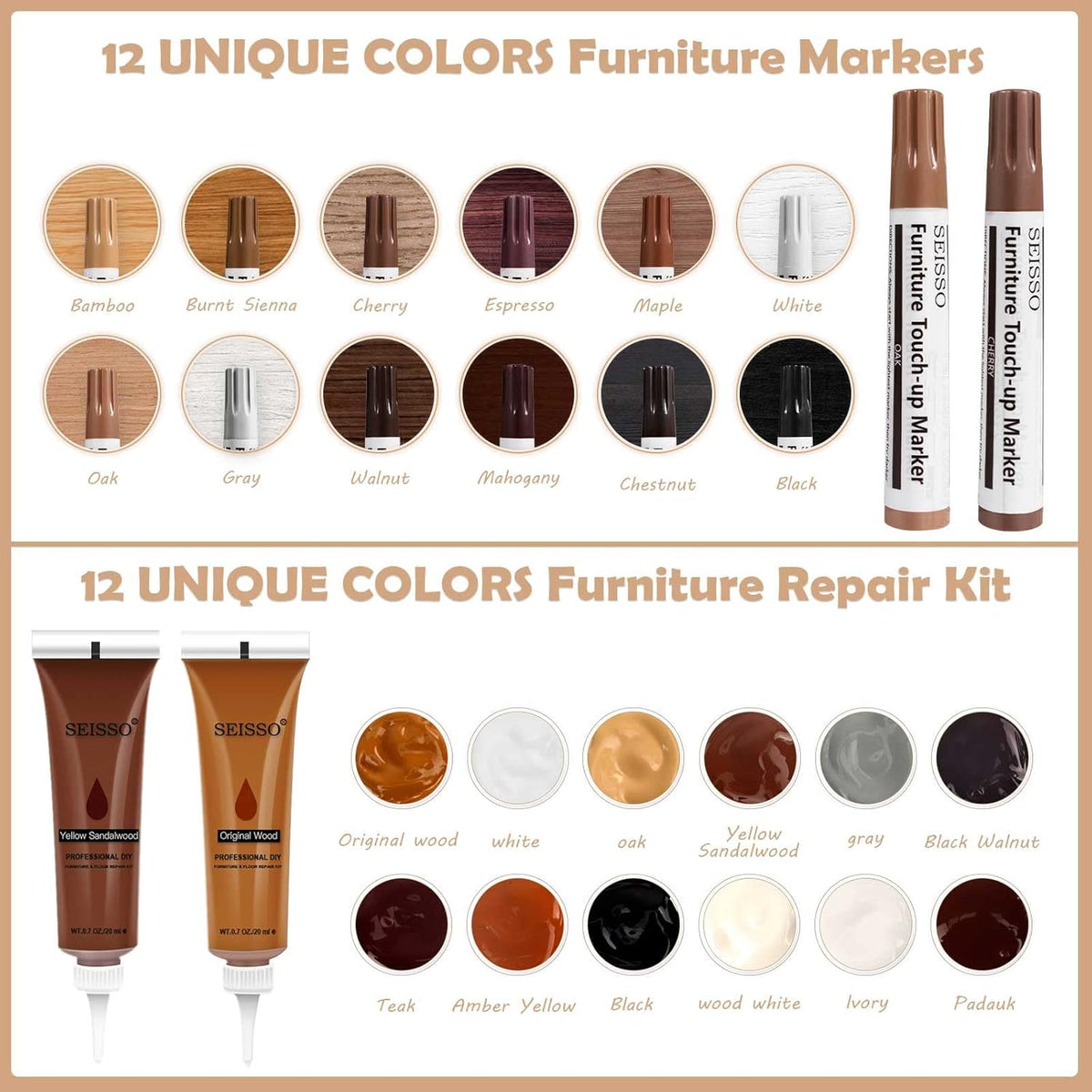 SEISSO Furniture Repair Kit, Wood Markers for Scratches, 12 Colors Furniture Touch-up Markers and