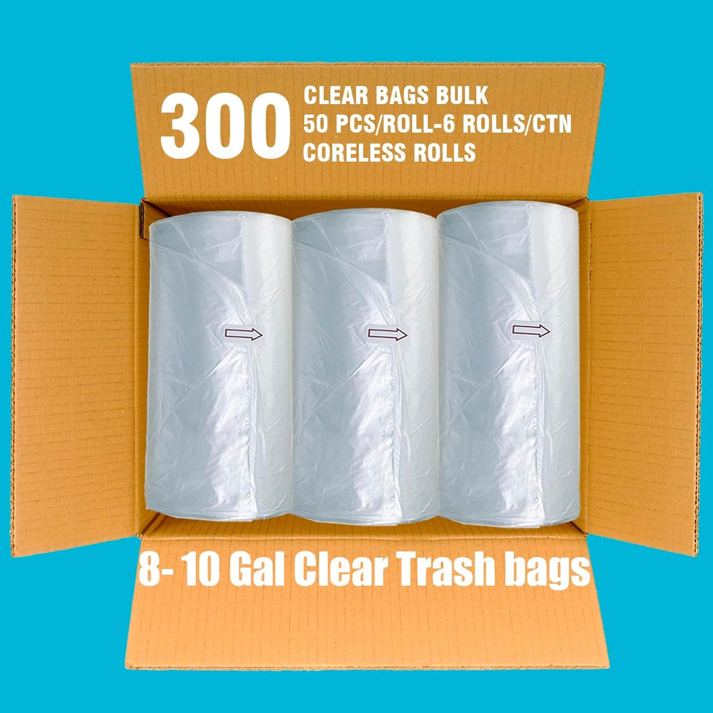 Trash Bags 8-10 Gallon, 300 Count Bulk, Clear Plastic Recycling Bags, Multi-purpose Garbage Bags