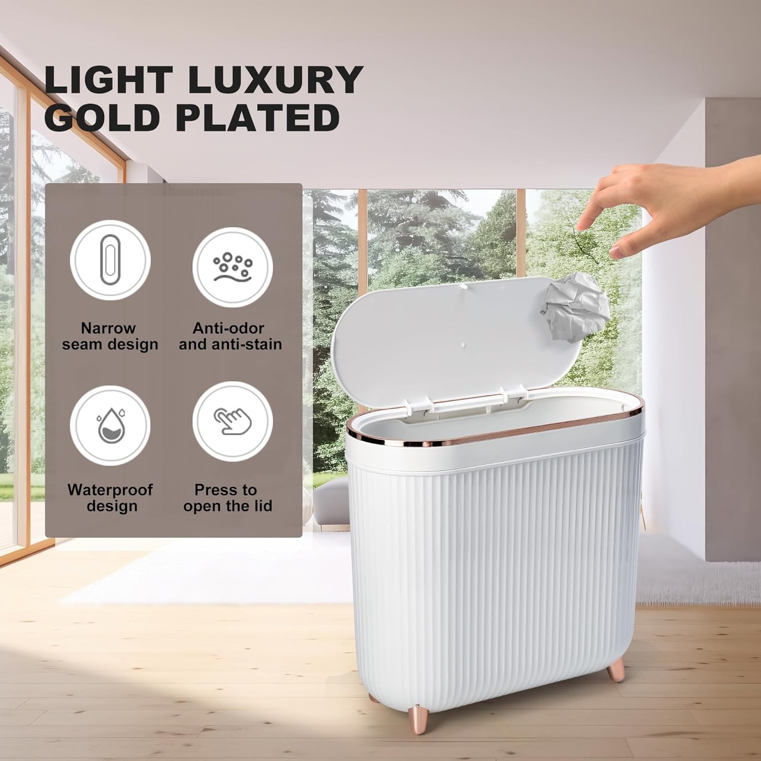 Bathroom Trash Can with Lid 3.2 Gallon Narrow Trash Can Small Plastic Trash Bin 12 Liter