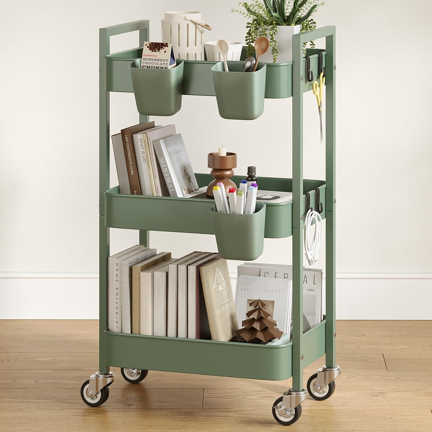 3 Tier Rolling Cart,Utility Cart with Locking Wheels, Hanging Cups,&Hooks, Heavy Duty Metal Storage