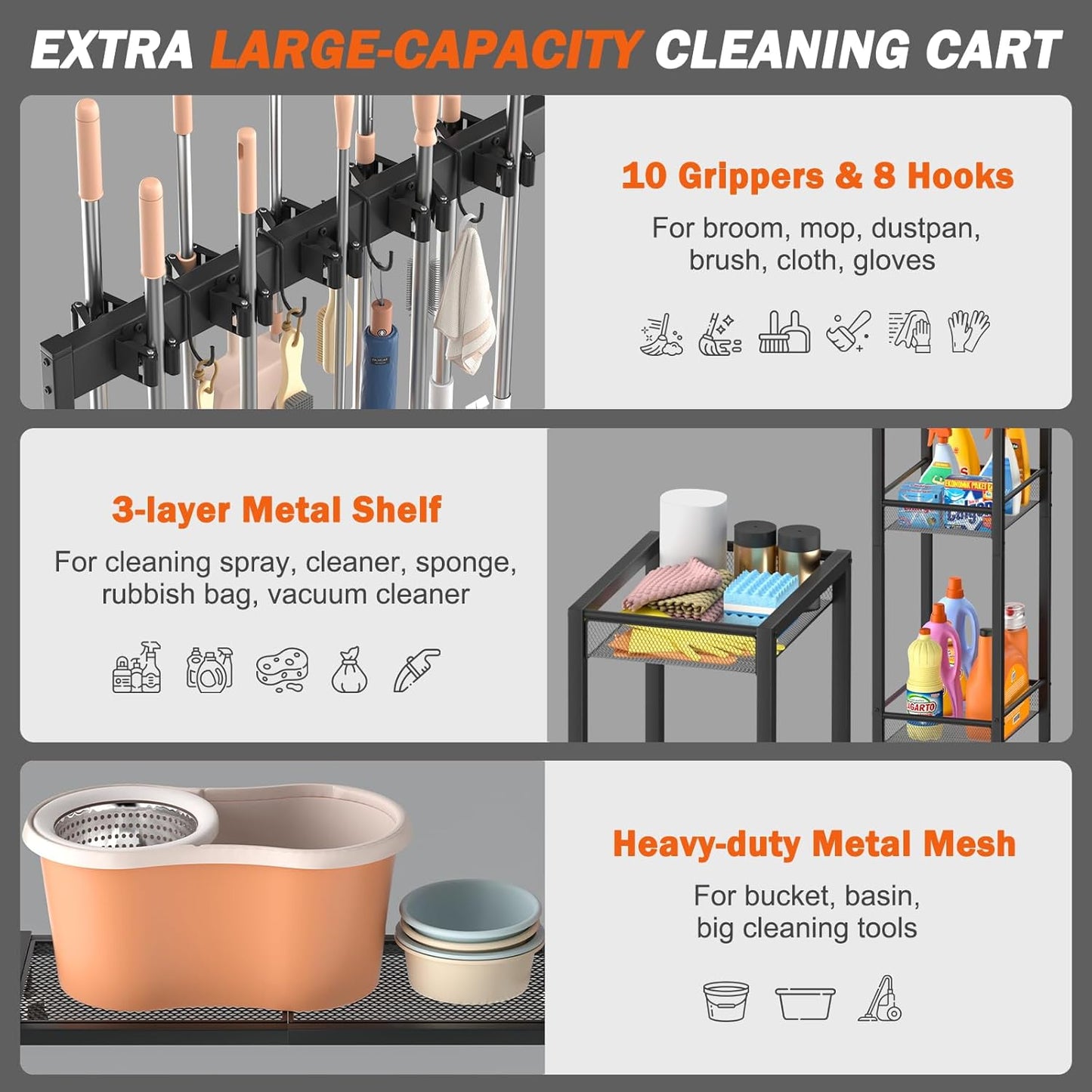 Broom Holder with Cleaning Supplies Organizer, Broom Closet Storage Cabinet with Cleaning Caddy