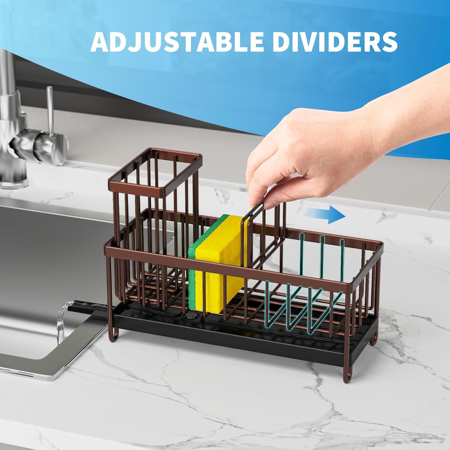 Cisily Brown Sponge Holder for Kitchen Sink, Sink Caddy Organizer with High Brush Holder, Kitchen